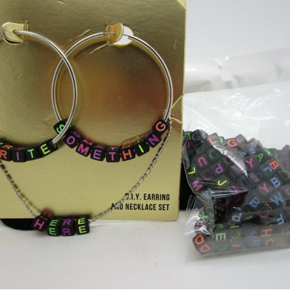 NWT Silver Hoop Earrings/Necklace Steve Madden Multicolor DIY Letter Bead Set